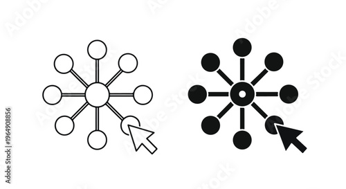Black and white line icons of network connections with cursor interacting on a plain white background.
