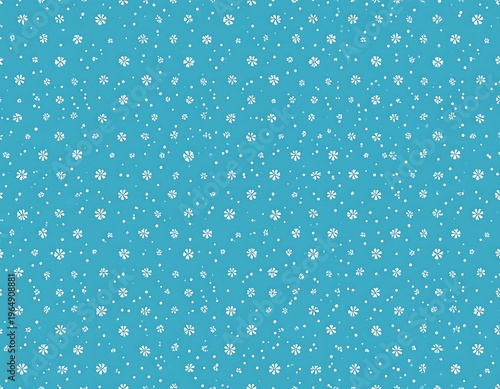 Turquoise background featuring white, abstract floral and dot pattern, simulating falling snow