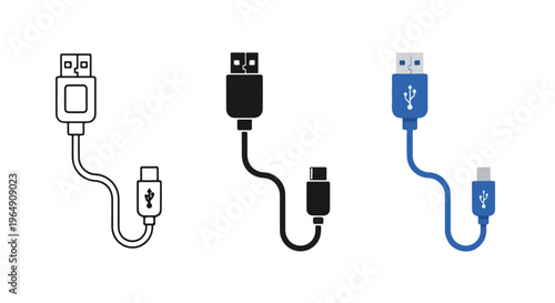 Three USB cables with different colored wires and connectors on a white background in a flat lay composition.