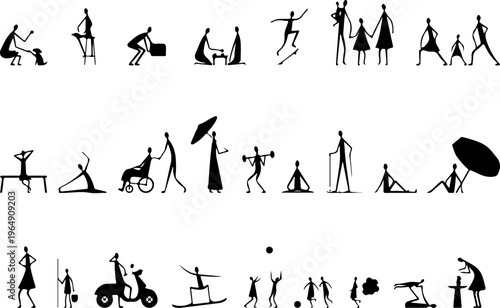 Minimalist Human Silhouette Activity Collection Showing People Walking, Working, Exercising, Traveling, Socializing, and Performing Daily Life Actions in Black Vector Style