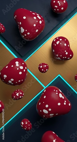 Whimsical arrangement of abstract red forms with polka dot decoration