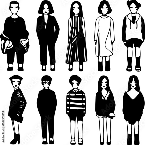 Minimalist monochrome line art illustration of stylish people wearing various urban streetwear and casual clothing styles on white background