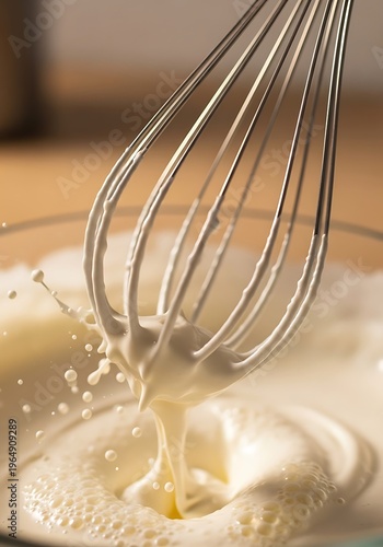 Whisk stirring silky cream in bowl, creating beautiful liquid artwork