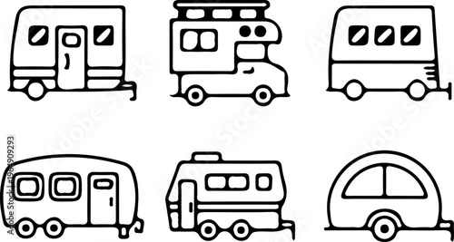 Minimalist Outlined RV Icon Library Featuring Over 30 Unique Van Life and Caravan Designs for Mobile App Development and Travel Agency Websites