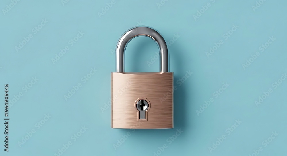 Fototapeta premium Rose gold padlock with silver shackle on light blue background for security privacy data protection safety and online encryption concept design