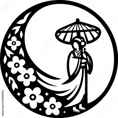 Modern Flat Design Vector of a Traditional Asian Woman, Utilizing Bold Outlines and Detailed Geometric Patterns on the Clothing