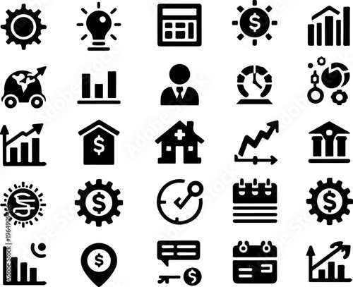 Modern Flat Icons Collection Showing Finance, Statistics, and Economic Development Concepts