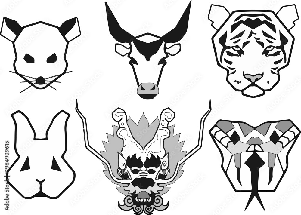 Fototapeta premium Modern Low Poly Animal Head Design Set Showing Geometric Polygon Faces of Wild Animals in Vector Line Art Style