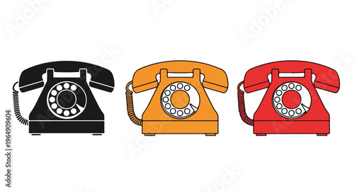 Three vintage rotary phones in black, yellow, and red on a white background, showcasing classic design.