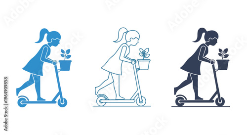 Three silhouettes of a young girl riding scooters with potted plants in different shades on a white background.