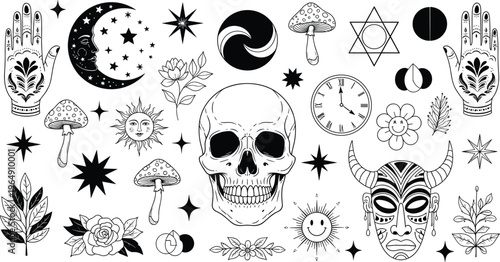 Mystical occult vector set featuring skull moons celestial stars hamsa hands mushrooms and floral elements in a vintage black and white linework style