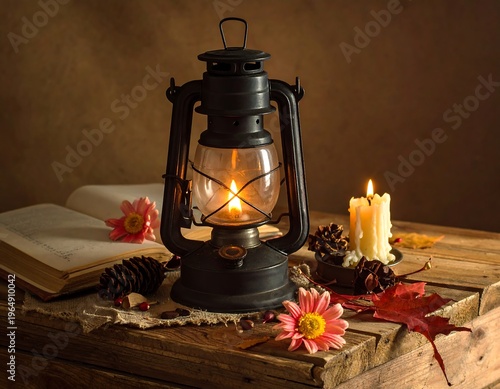 Vintage oil lantern glows on a wooden table, next to a book, candles, and autumn foliage