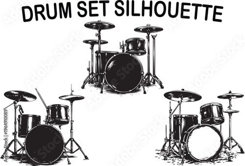 Vintage drum set silhouette engraving style percussion instrument retro music vector