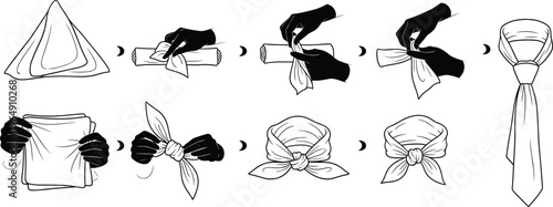 Necktie and scarf tying methods set with step by step knot styles, fashion accessories guide, and clothing detail illustrations