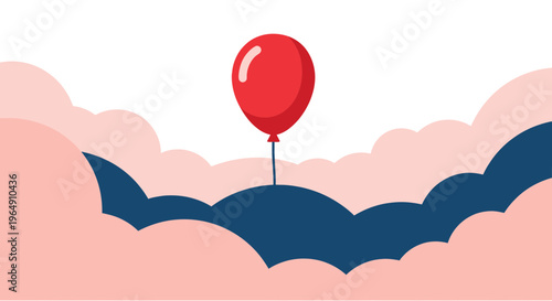 Red balloon floating above abstract landscape with pink clouds