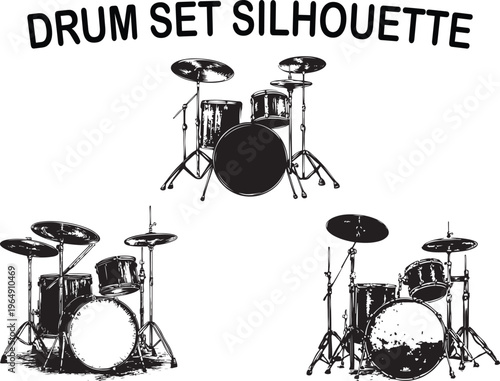 Drum set silhouette vector collection jazz rock music instrument isolated black set
