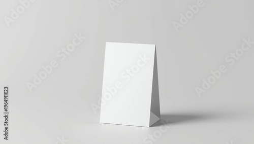 Promotional table talker isolated on white background, mockup template paper tri-fold vertical triangle cards with reflections. white sheets front & left and right view. 3d render