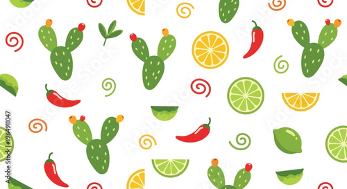 Mexican food seamless vector pattern with cactus, chili pepper, lime, and orange slices