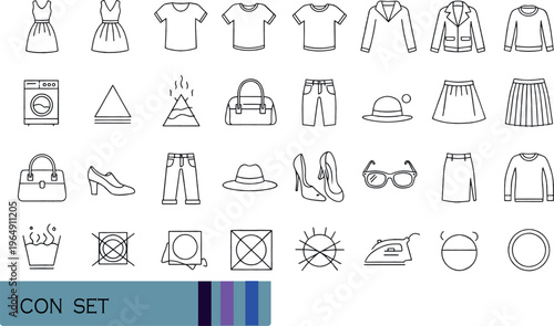 Print Fashion Clothing and Laundry Care Line Icon Set