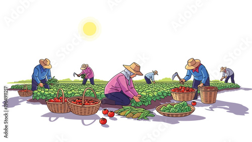 Farmers harvesting crops in the field.