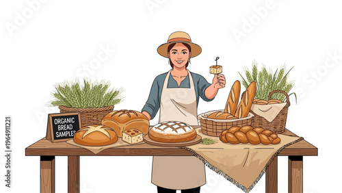 Baker Standing Behind Table with Fresh Bread.