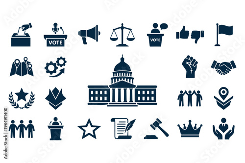 Politics and Government Icon Set - Democracy, Election, and Law Icons in Flat Black Style