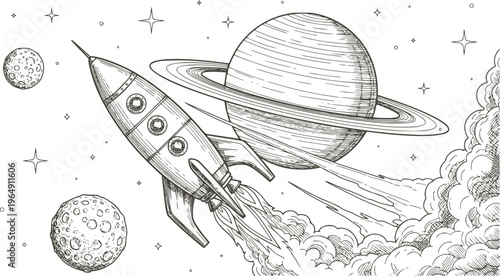 Space rocket launch from alien spaceport, science fiction poster. Vector illustration stylized as a pencil drawing. Transparent EPS version.