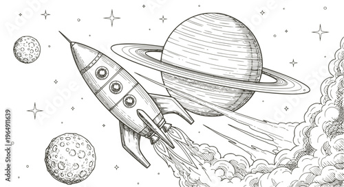 Space rocket launch from alien spaceport, science fiction poster. Vector illustration stylized as a pencil drawing. Transparent SVG version.