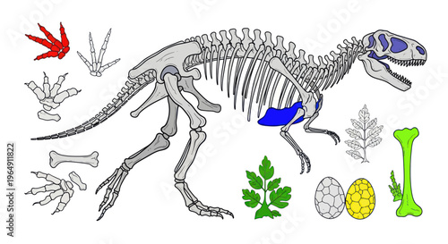 Dinosaur Skeleton and Fossil Elements: Prehistoric Life Discovery