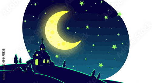 Enchanting Crescent Moon Over a Hilltop Church at Night