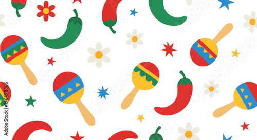 Mexican fiesta vector pattern with maracas, chili peppers, and flowers seamless background