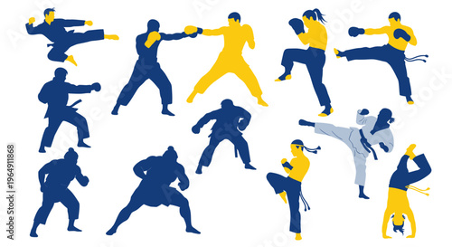 Martial Arts Silhouettes: Dynamic Action Poses of Fighters in Combat