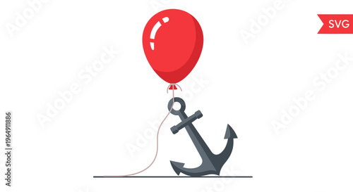 Red balloon lifting heavy anchor, concept of freedom, overcoming obstacles, surreal art