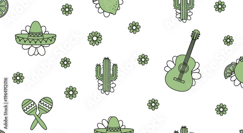 Mexican fiesta vector pattern with cactus, sombrero, guitar, maracas seamless background