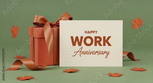 Happy work anniversary celebration card with gift box autumn maple leaves, for employee recognition, milestone achievement, professional appreciation in fall season