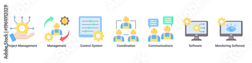 Management System web banner icon vector illustration with icons of Project Management,Management,Control System,Coordination,Communications,Software and Monitoring Software