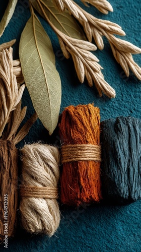 Scattered mugwort leaves and jute threads on solid background with natural plant dye colors, soft focus and high contrast, minimal texture, calm earthy tones.
