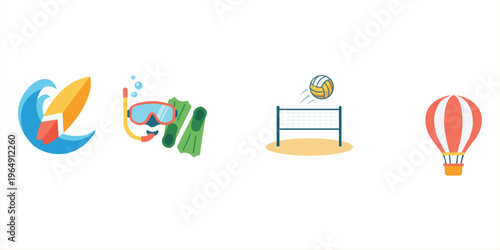 Summer vacation activity icons set including surfing snorkeling beach volleyball and hot air balloon