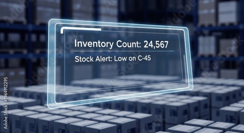 Holographic inventory management system with stock count low item alert over rows stacked warehouse boxes, for logistics optimization supply chain monitoring technology
