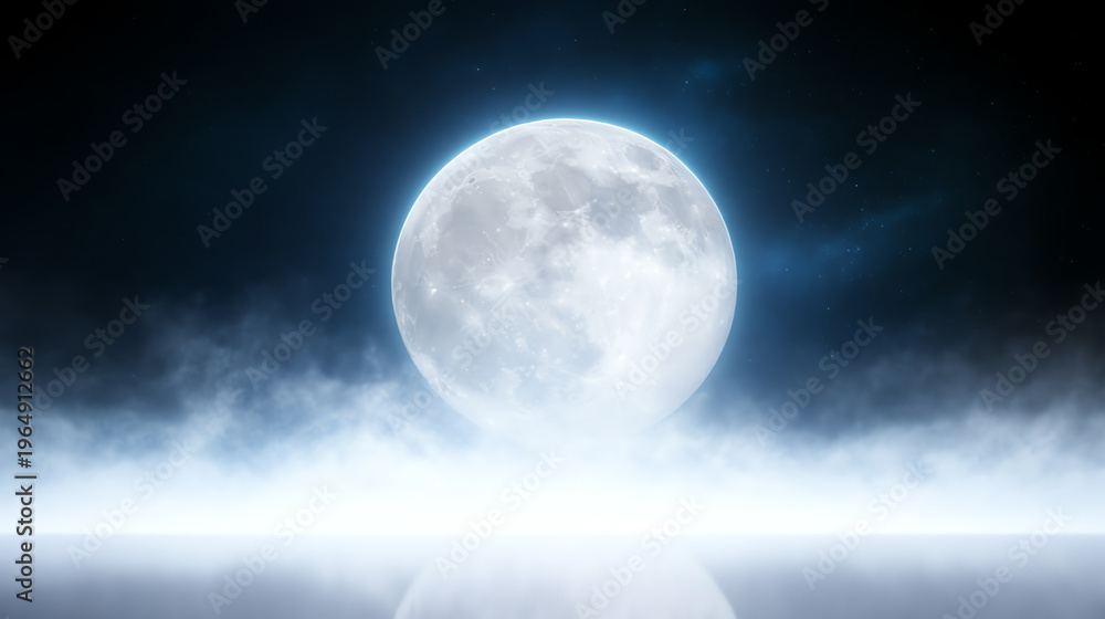 Obraz premium A stunning full moon illuminated against a dark sky, surrounded by ethereal mist, creating a mystical and serene atmosphere.
