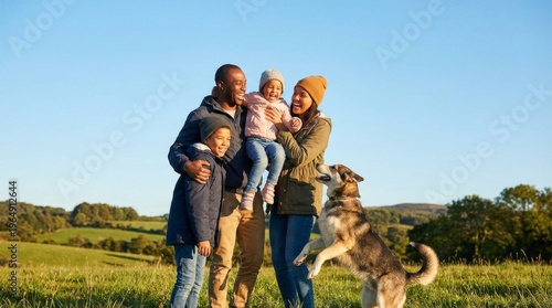 Happy diverse family with two children and a dog enjoying a sunny day outdoors in a green field.