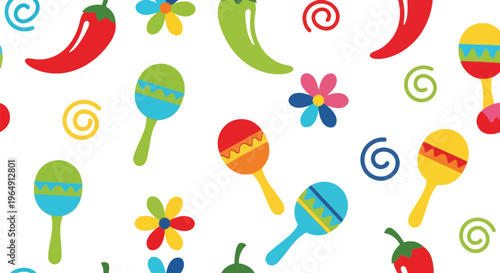 Colorful Mexican Fiesta Vector Pattern with Maracas, Peppers, and Flowers on White Background