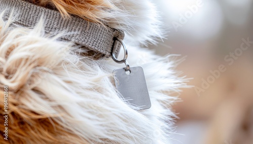 Close-up of a dog's collar featuring a blank metal identification tag, symbolizing pet safety and responsibility