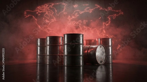 Oil barrels with world map background in red light symbolizing global energy crisis and geopolitical tensions.