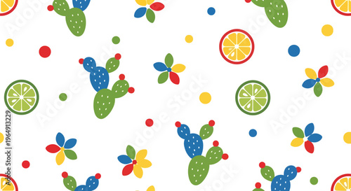 Colorful cactus and citrus fruit seamless vector pattern with playful summer design