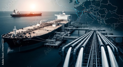 Oil Tanker Ship and Pipeline Network for Global Energy Transport.