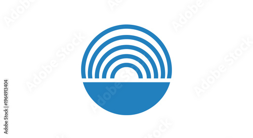 Blue semicircle logo with lines.