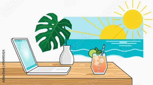 Tropical summer vacation illustration of a laptop under a coconut palm tree on a sandy beach island with ocean waves and a sunny sky