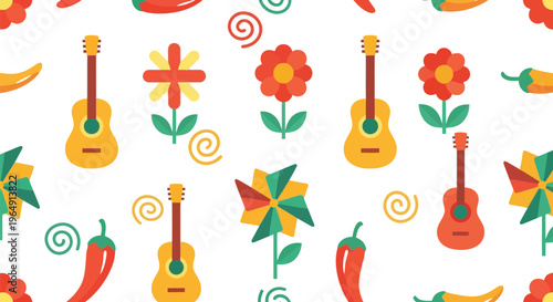 Mexican fiesta seamless vector pattern with guitars, flowers, chili peppers, and pinwheels