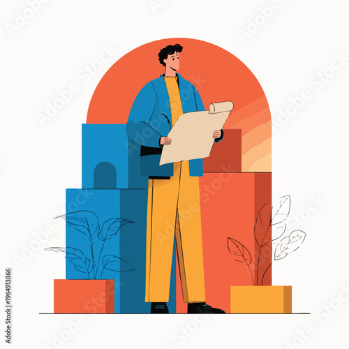 Architect Man Analyzing Blueprint Among Construction Blocks.